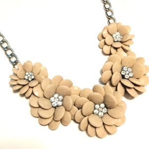 Tan Cream Flower Statement Necklace clear Rhinestones Costume Fashion Jewelry